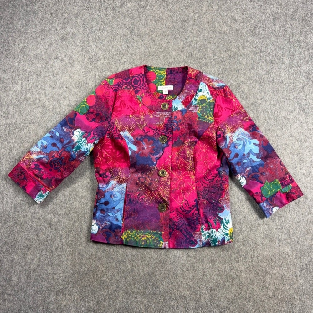Coldwater Creek Womens 14 Pink Floral Patchwork Button Front 3/4 Sleeve Jacket
